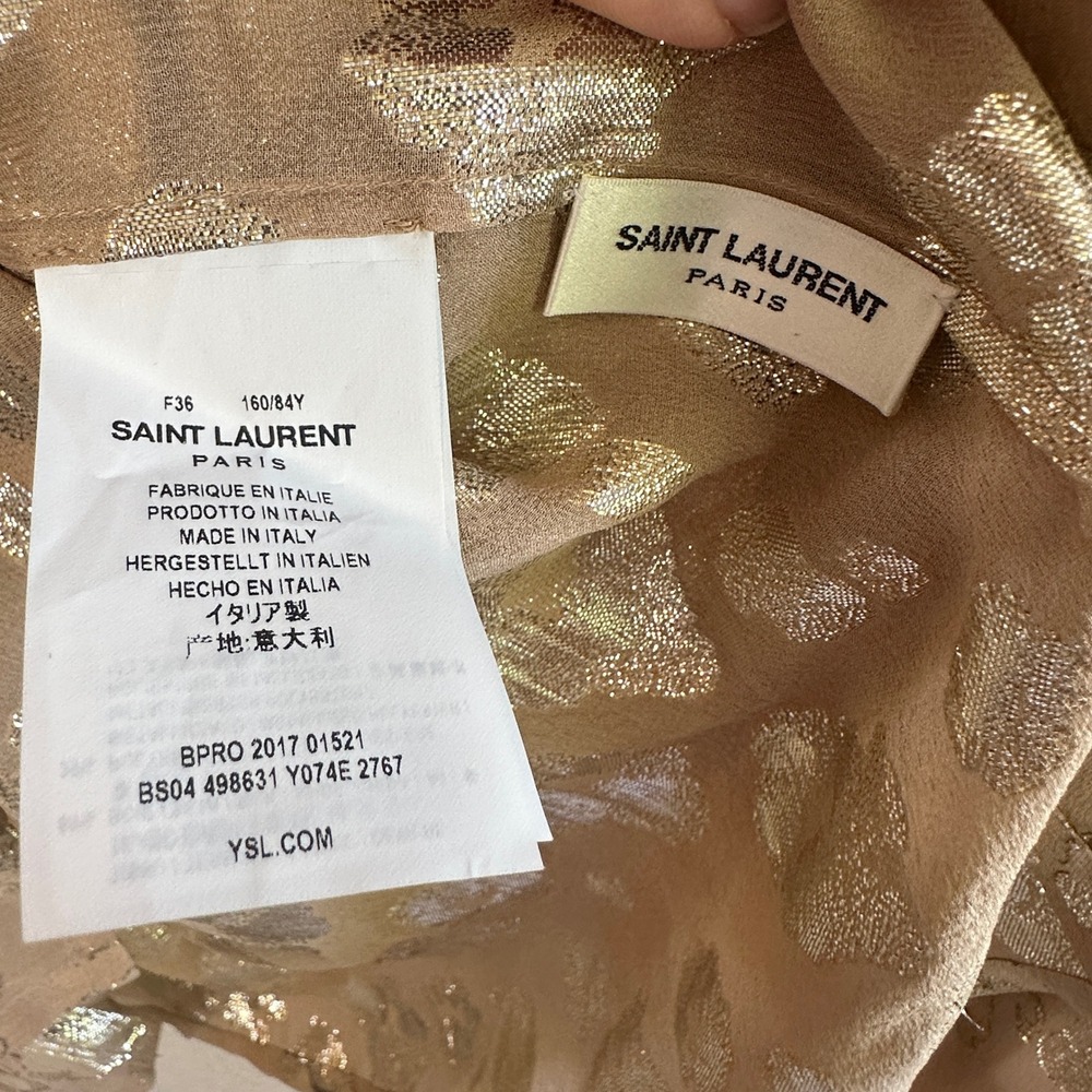 Saint Laurent Lamé Flowers Silk Blouse Gold Metallic Tie Neck Size 36 NWT - Picture 6 of 9